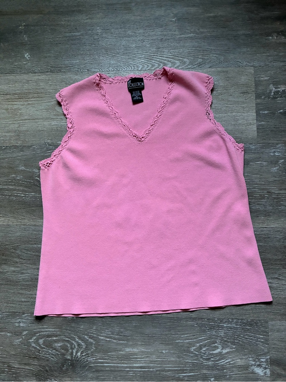 NY Collection Pink Knit V-Neck Tank with Crochet Edging